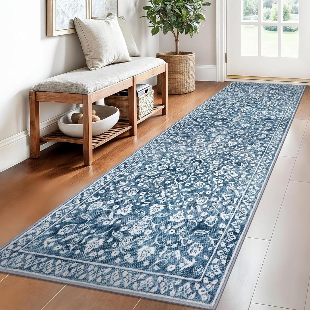 Vintage 2.6x8 Hallway Runner, Blue and White Washable Non-Slip Hallway Carpet, Super Soft Kitchen Runner Rug, Print Faux Wool Floral Thin Carpet for Indoor & Bedside