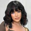 Short Curly Wigs with Bangs for Women 14 Inches Wavy Bob Wig Synthetic Heat Resistant Fiber Wigs (2H113#)