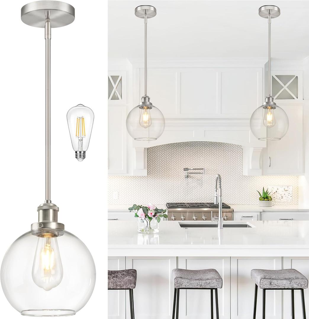Bagood 8 Inch Nickel Hanging Pendants Light Contemporary Globe Pendant Kitchen Island Modern Pendant Lights with Clear Glass Adjustable Hanging Light Fixture for Dining Room Bedroom (Bulb Incl.)