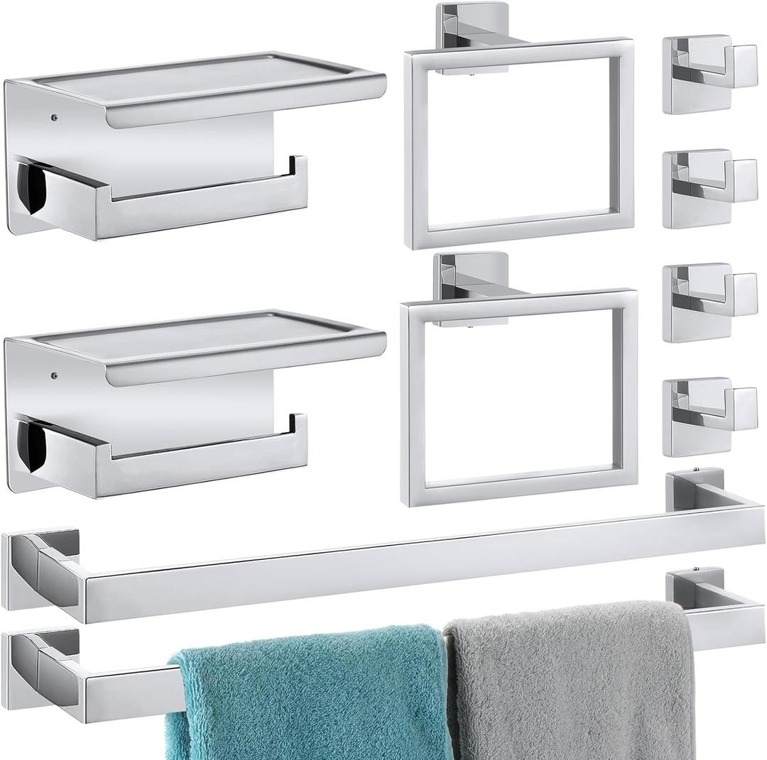 Blulu Bathroom Accessories Set 23.6 Inch Toilet Paper Holder with Phone Shelf Bathroom Hardware Set Towel Ring Robe Hook Stainless Steel Towel Holder Kit Wall Mounted(Silver,10 Pcs)