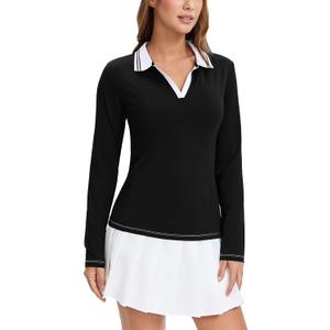 MathCat Women's Golf Shirts, Long Sleeve Polo Shirts Collared V Neck Tennis Shirts Breathable Athletic Tops (Large, Black)
