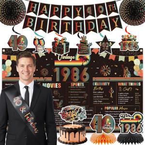 Vintage 40th Birthday Decorations - 14 Pcs Back in 1986 Retro Sunset Party Banner Centerpieces Cake Topper Sash Hanging Swirls Paper Fans Set Cheers Happy Bday Decor Supplies for Men Women