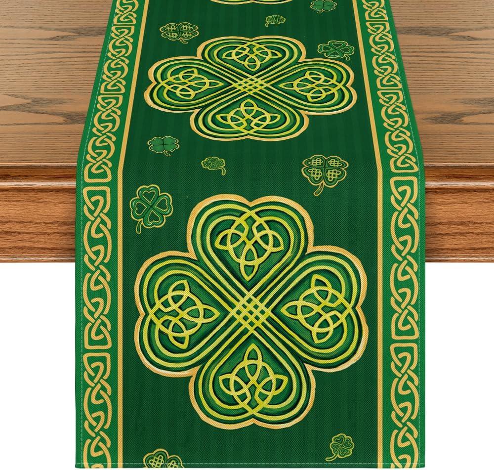 Artoid Mode Green Stripes Shamrocks St. Patrick's Day Table Runner, Seasonal Spring Kitchen Dining Table Runner for Home Party Decor 13x90 Inch