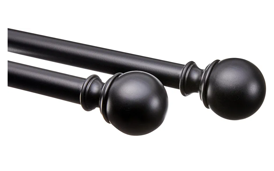Amazon Basics Adjustable Curtain Rods for Windows, Round Finials, 1-Inch Rod, 36" to 72", Black, Pack of 2