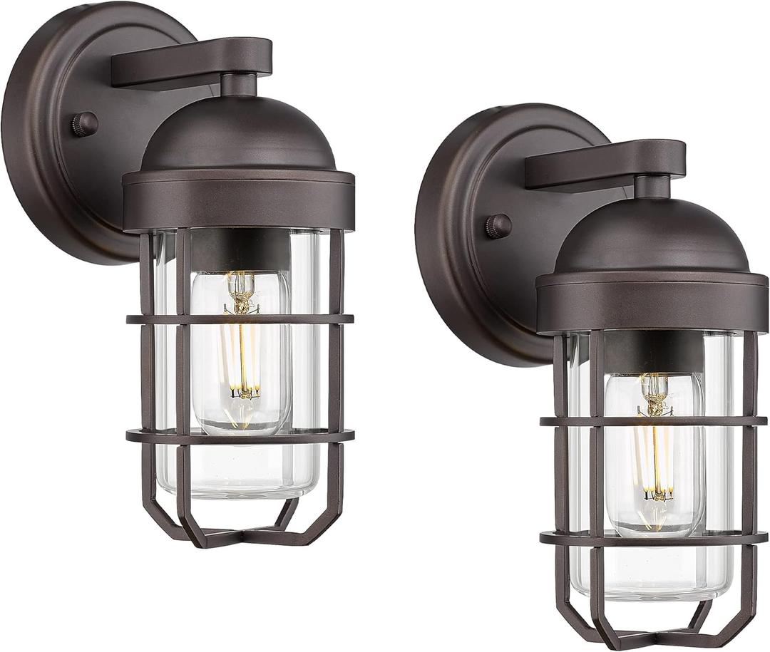 Emliviar Farmhouse Outdoor Wall Sconces, 2 Pack Vintage Exterior Light Fixtures with Nautical Metal Cage and Tempered Glass, Oil Rubbed Bronze Finish, GE255B-2PK ORB (9.4 Inch - 2 Pack)