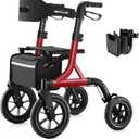 Walkers for Seniors, Rollator Walker with Seat, 12" Big Rubber Wheels All Terrain Rollator Walker with Backrest, Built-in Cable, Cup Holder, Foldable and Height Adjustment for Seniors, Red