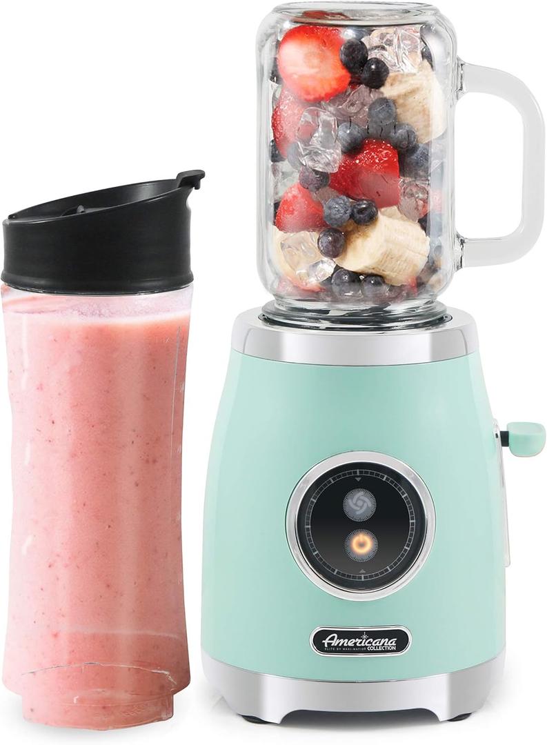 Americana EPB399C BPA Free Glass Blending Jar and Tritan Sports Bottle Blend Personal Smoothie, Crush Ice, Shakes, Keto Protein Blender, 2 Cups, 300 Watts, Mint
