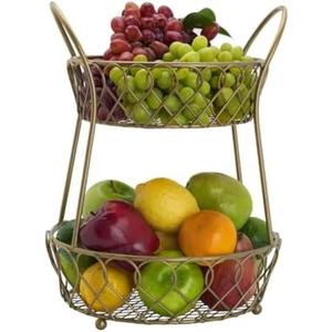 Gourmet Basics by Mikasa Loop and Lattice Metal 2-Tier Round Fruit Storage Basket, Matte Gold,5 quarts