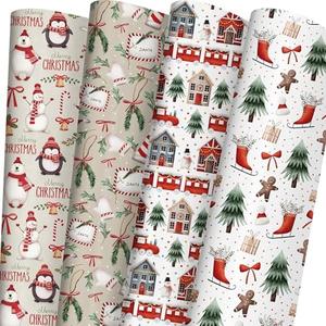 WAPLIGHAL Christmas Wrapping Paper for Kids - Xmas Wrapping Paper Set with Watercolor Santa, Polar Bears, Trains, Gingerbread Holiday Designs - 6 Jumbo Sheets, Each 28 x 40 Inches, Easy Storage, 2 Pack
