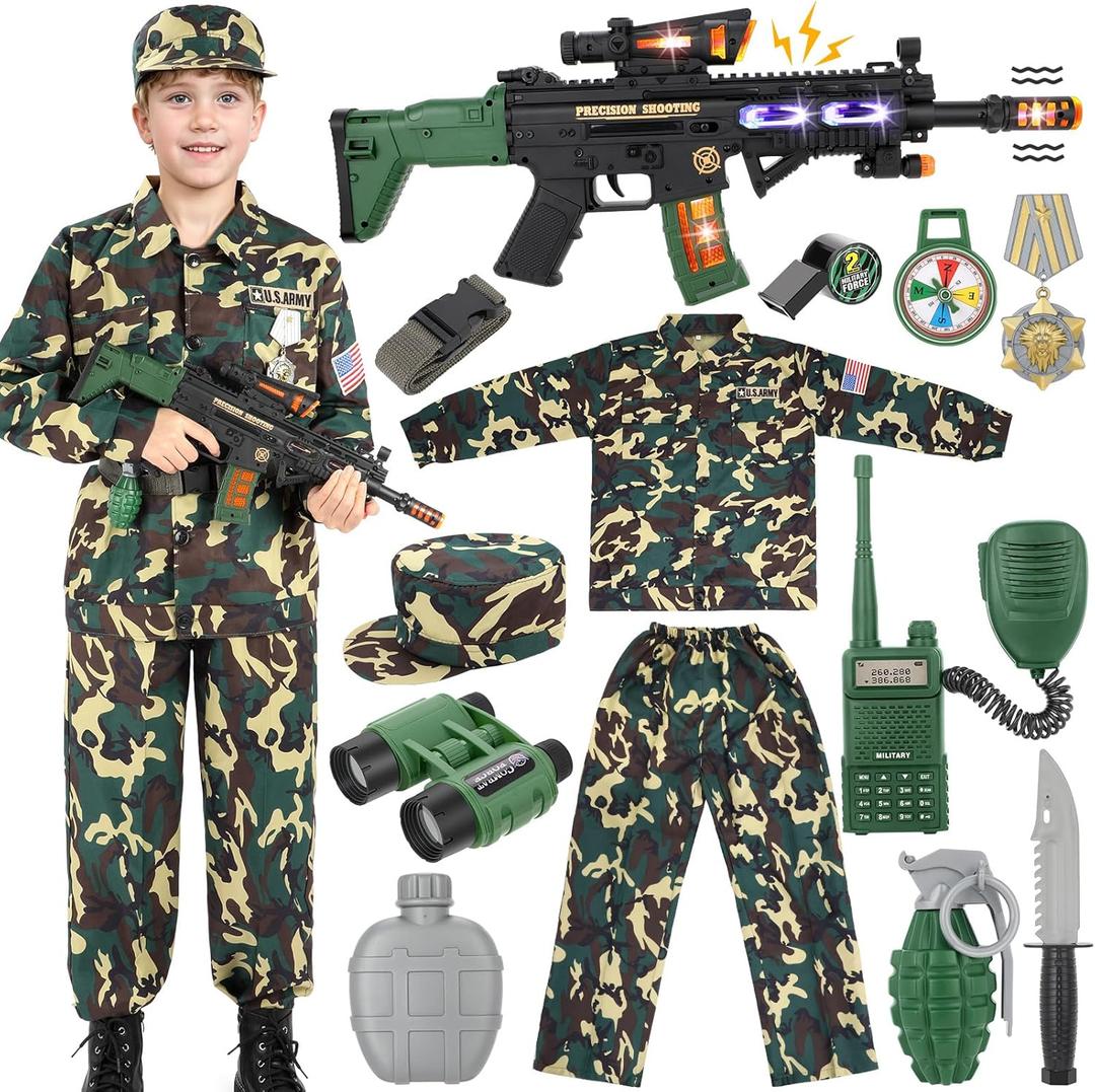 GIFTINBOX Kids Army Costume For Boys Military Soldier Costume with Army Toys,Dress Up Boys Costume Halloween Costumes for Kids Boys 8-10 (L(8-10Year))