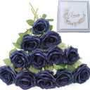 LVEFIT Artificial Rose Flower Navy Blue Flowers Navy Blue Roses Silk Flowers 12 pcs with Long Stem Silk Roses Bouquet for Wedding Bridal Shower Party Home Decoration