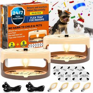 2 Pack Flea Traps for Inside Your Home, Indoor Flea Light, Bed Bug Killer with 8 Sticky Pads & 4 Light Bulb, Odorless Natural Insect Infestation Treatment Trap for Kid Pet