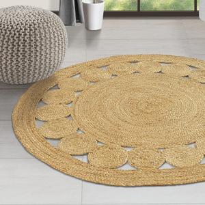GRUHUM Round Jute Area Rug 5ft Natural Fibre Handmade Boho Charm Farmhouse Soft Braided Reversible Rustic Vintage Rugs for Indoor EcoFriendly Kitchen Bedroom Living Room Hallways Enterways(5'ft Round)