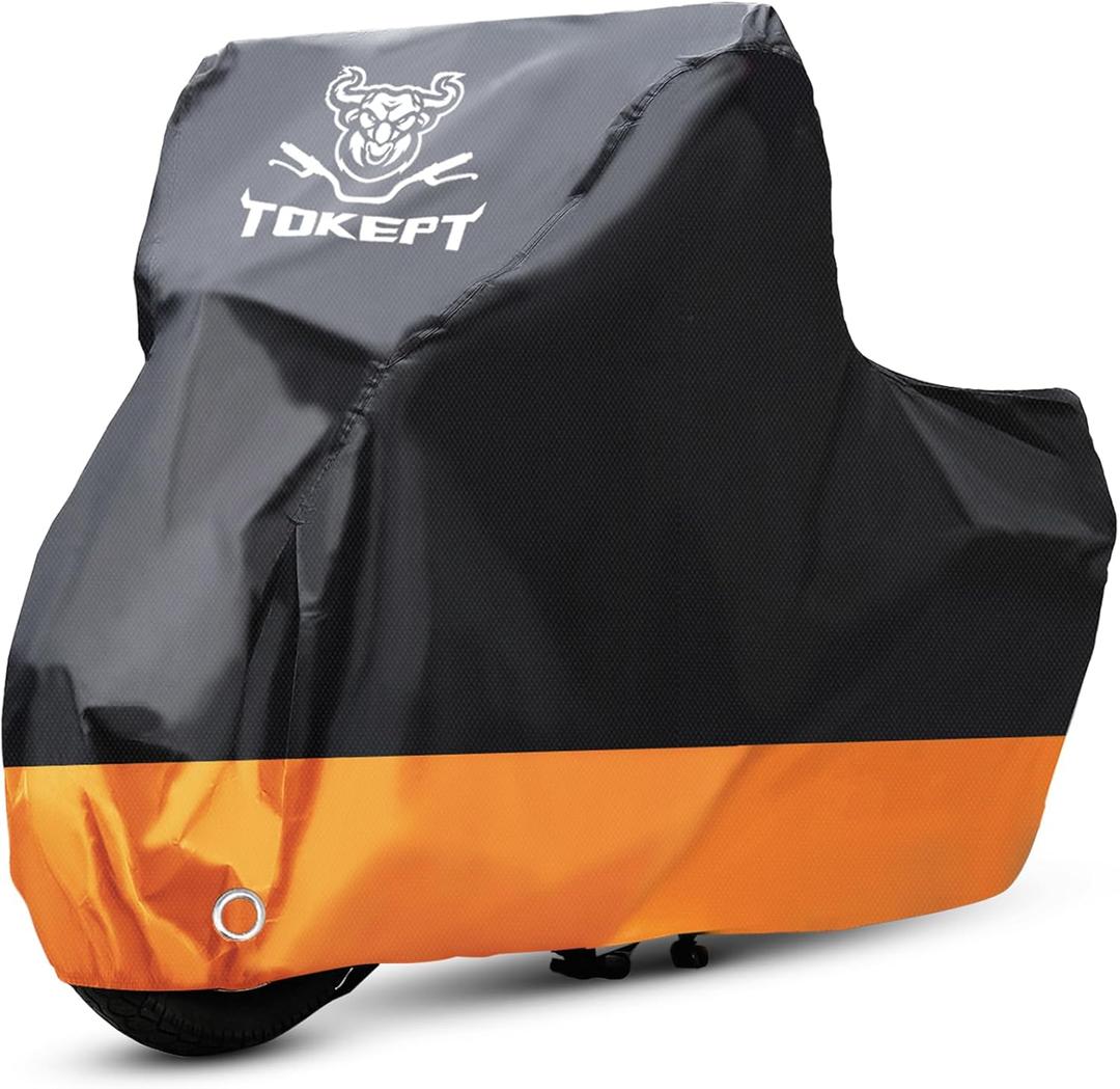 Motorcycle Cover, All-Season Waterproof Outdoor Sun Protection Fit up to 116 Inch Harley-Davidson Honda Suzuki Kawasaki Yamaha (XXXL Black&Orange) (XXXL-116 inch)