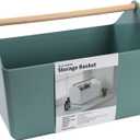 BLUE GINKGO Large Storage Basket Plastic Caddy with Wooden Handle for Bathroom, Pantry, or Cleaning Supplies (Green)