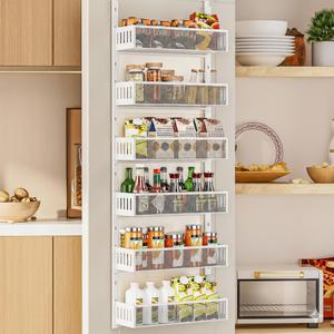 6-Tier Over The Door Pantry Organizer with Mesh Baskets, Adjustable & Stable Hanging Spice Rack for Kitchen, Bathroom, Bedroom, and Baby Essentials Storage (16" W 6-Tiers, White) 