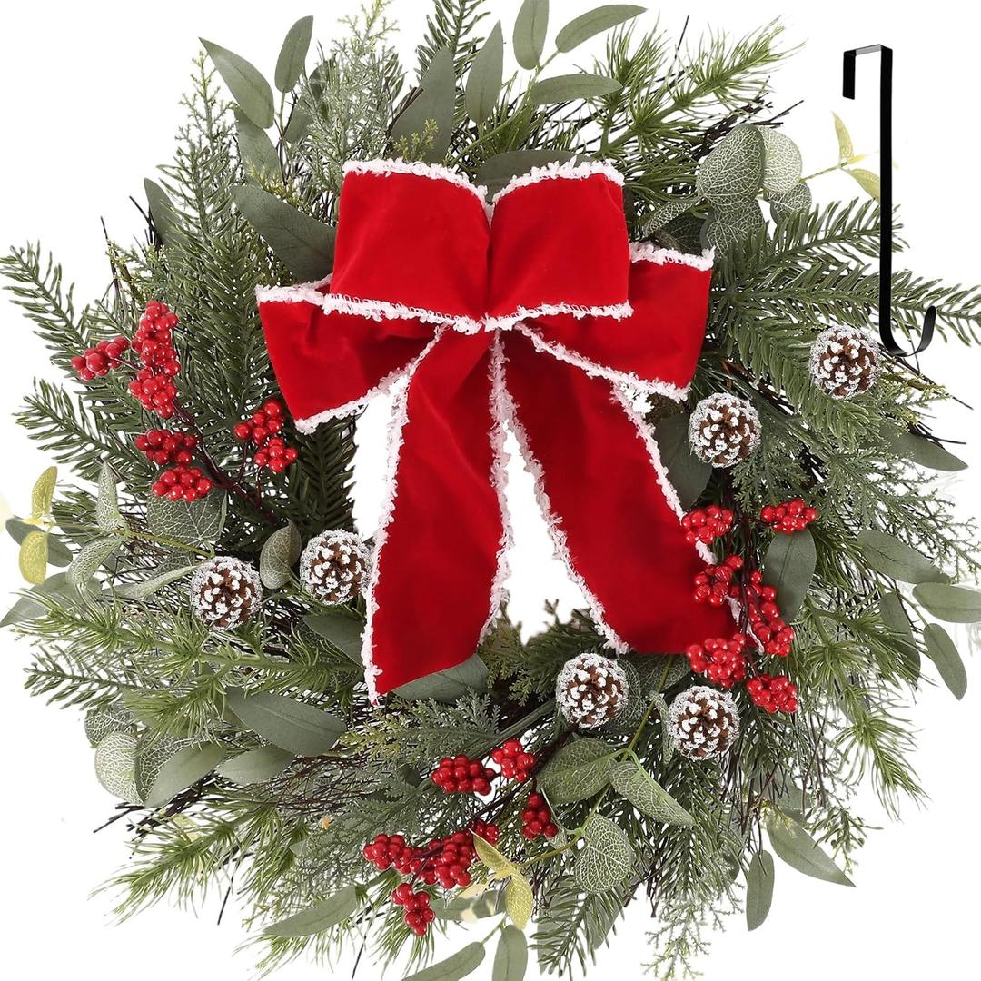 24 Inch Christmas Wreath Decorations, Christmas Wreaths for Front Door with Red Bowknot and Hook, Christmas Door Wreath with Berries for Indoor Outdoor Fireplace Wall Window Christmas Decor (Multicolor)