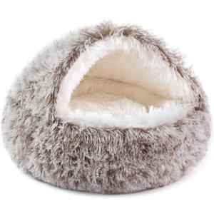 NOYAL Round Hooded Donut Dog Bed for Small & Medium Pets - Plush Fluffy Anti-Anxiety Cat Cave Bed with Cover (Gradual brown)