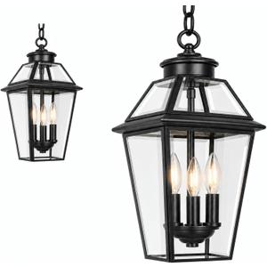3-Light Black Outdoor Pendant Light, Exterior Hanging Lantern with Clear Glass, Weatherproof Outdoor Chandelier for Porch, Front Door, Patio, Entryway, 9.4"L*9.4"W*17.1"H