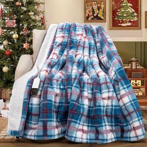MAXEVE Faux Fur Heated Electric Blanket, 50"x60" Fast Heating Warming Throw Blankets with 8 Heating Levels & 8 Hours Auto Off with Over-Heat Protection & ETL Certified, Plaid Blue
