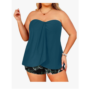 Daci Plus Size Bandeau Tankini Swimsuit for Women 2 Piece Halter Swim Top with Shorts Tummy Control Bathing Suits, Size:XXL