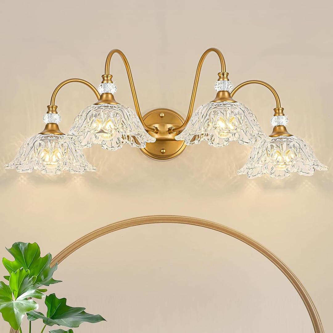Vintage Matte Brass Finish Bathroom Vanity Light, 4-Light Vanity Light with Floral Glass Shades, Retro Wall Mount Lighting for Bathroom, Dressing Table
