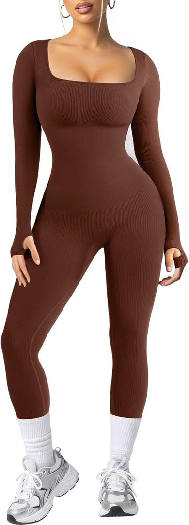 Popilush Jumpsuits for Women Long Sleeve Built-In Bra Square Neck Full Length Leggings Bodycon Stretch Workout Outfits (Medium, Brown)