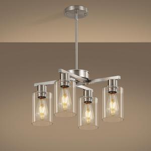 4-Light Brushed Nickel Dining Room Light Fixture, Modern Industrial Kitchen Chandelier Over Table, Adjustable Height Hanging Pendant Light for Kitchen Island, Entryway with Clear Glass Shade