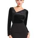 Hobemty Women's Slim Fitted Party Top Asymmetrical Ruched Neck Long Sleeve Velvet Blouse Medium Black, M