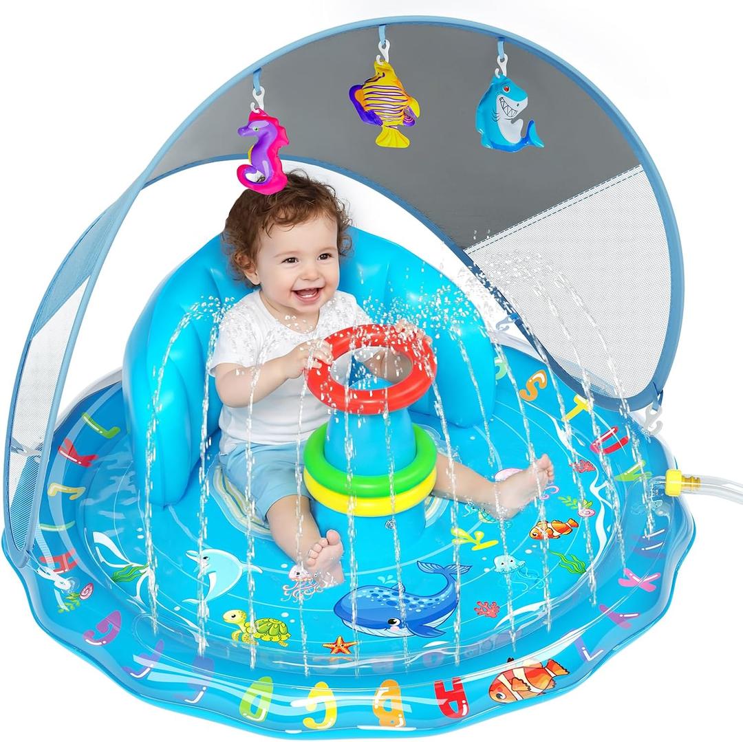 Baby Splash Pad, Inflatable Baby Pool Float with Canopy, Splash Pad with Stackable Rings & Hanging Toys for Toddlers, Baby Pool Sprinkler, Outdoor Water Play Toys for Boys Girls