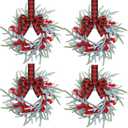 Giegxin 4 Pcs Vintage Small Christmas Wreath for Cabinet Mini Kitchen Wreath with Red Berry Realistic Norfolk Farmhouse Decoration for Xmas Window Indoor Chair Fireplace Porch Candle Decor (No Bows)