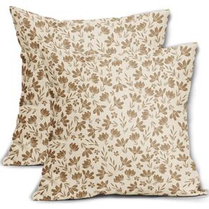 Brown Floral Pillow Covers 18x18 Set of 2 Vintage Rustic Old Style Cute Small Flower Brown Cream Print Decorative Outdoor Pillowcases Farmhouse Throw Cushion Case Decor for Couch Sofa Bed