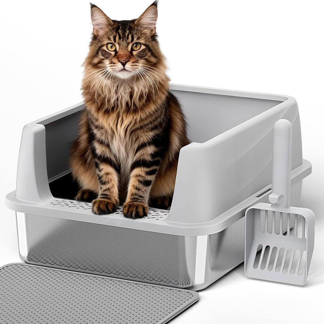 Stainless Steel Cat Litter Box with Lid, Extra Large Litter Box for Big Cats with High Sided, Non-Sticky, Anti-Urine Leakage, Easy Cleaning, Include Cat Mat and Scoop with Holder