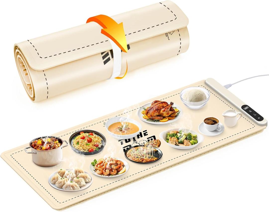 Portable Food Warming Mat - Full Surface Graphene Heating Silicone Roll-Up Design Food Warmers for Parties Buffet & Home Daily Use 6 Temperature Settings & 6 Hour Timer