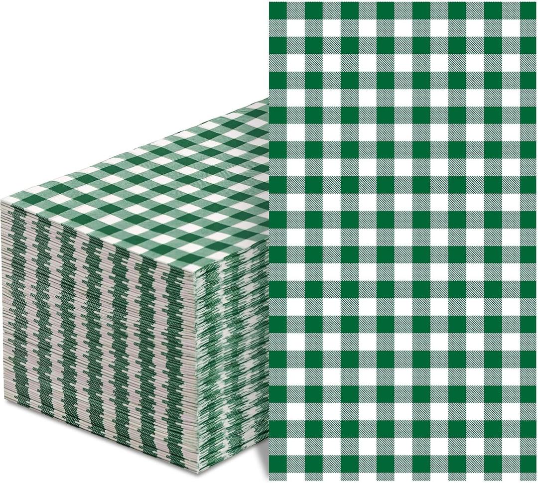 100 Pcs Green Gingham Napkins Disposable - Green and White Checkered Paper Napkins - Plaid Dinner Napkins for Birthday Picnic Wedding Golf Party Supplies