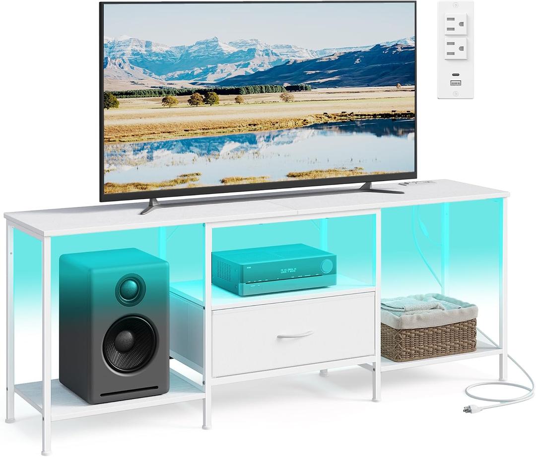 SONGMICS TV Stand for TVs Up to 70 Inches Entertainment Center, Media Consolefor living room，Fabric Drawer， Cloud White, BELLAH Collection ULGS131W101S. 13.8"D x 61.8"W x 23.6"H