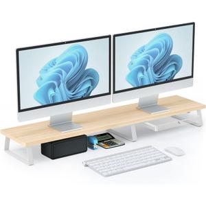 Large Dual Monitor Stand Riser - Monitor Stand for 2 Monitors, Wooden Computer Stand For Desk with Metal Legs, Desk Organizers and Storage With Drawer, Desk Shelf for Computer/Laptop/Printer/TV, Oak