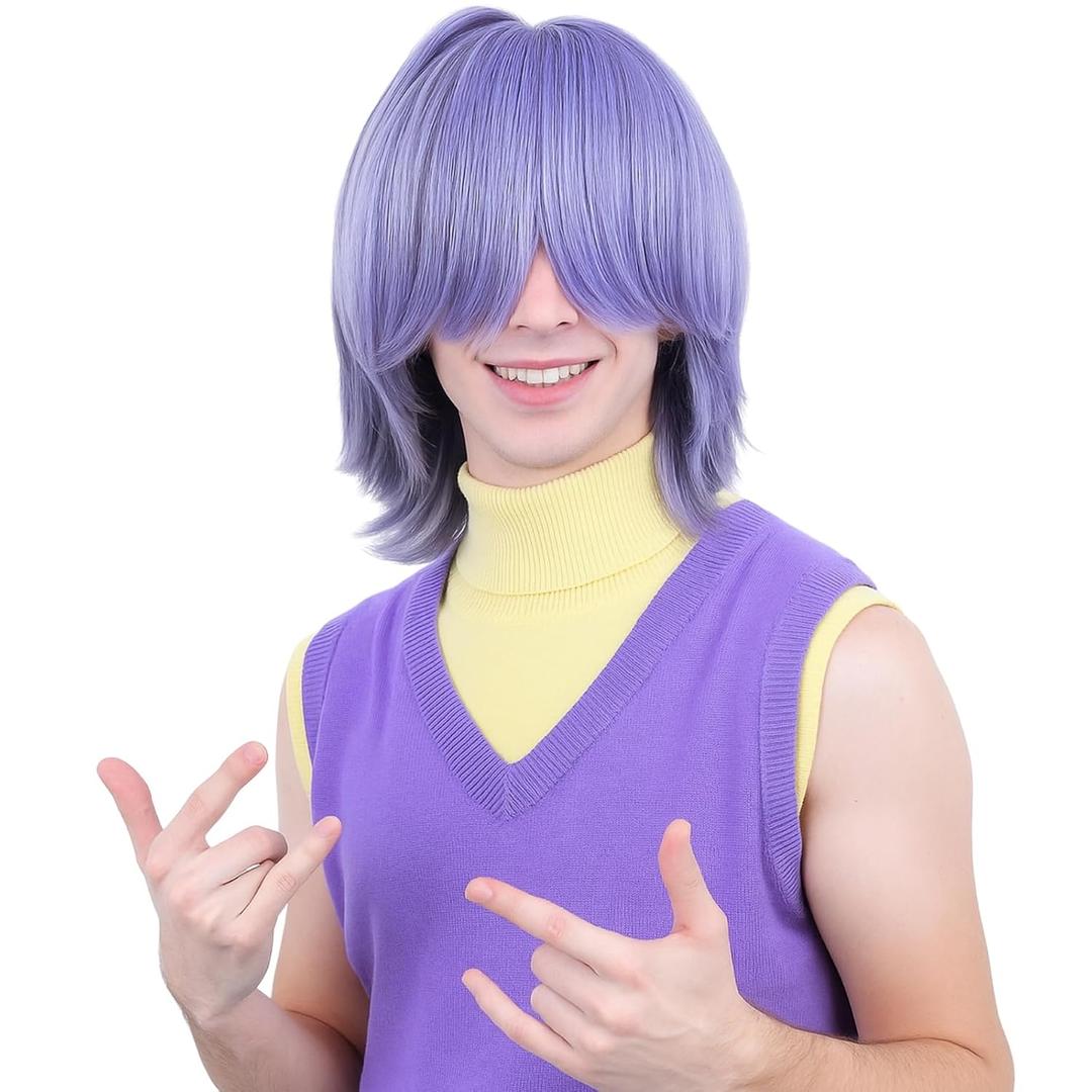 PUREHAIR Short Blue Purple Cosplay Wig for Men with Long Bangs - Anime Cosplay Wigs for Mens Halloween Costume Party (Blue Purple)