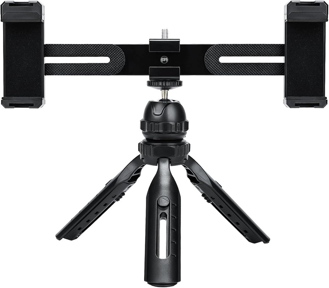 Multifunctional Smartphone Video Kit, with Universal Phone Desktop Tripod with Dual Phone Holders and 4 Cold Shoe mounts for vlogging, Live Streaming, Online Video Teaching, and conferences