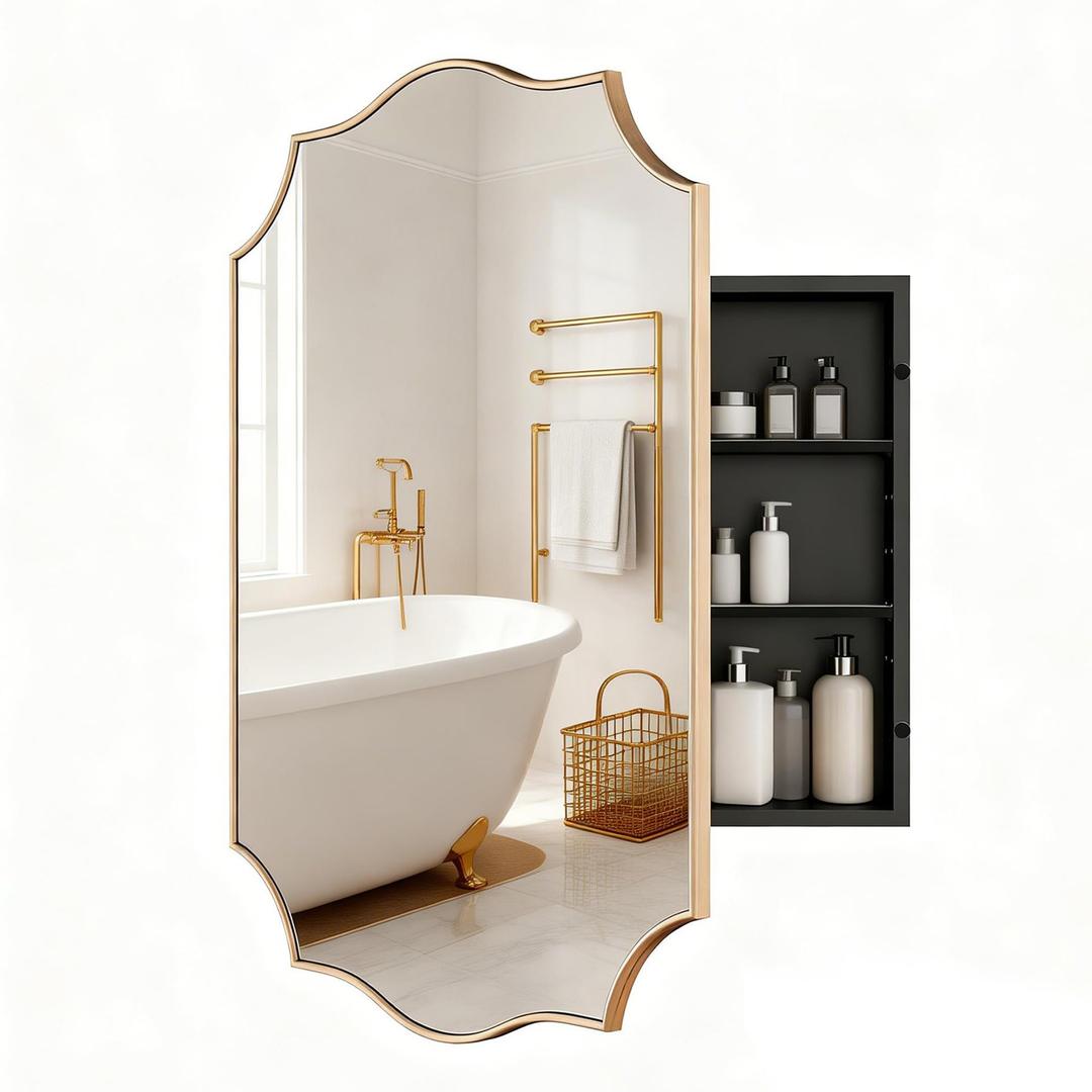 VIWILII Gold Scalloped Edge Vintage Medicine Cabinet Mirror, Decorative Bathroom Storage Cabinet with 2 Adjustable Shelves, Recessed or Surface Mount (Brushed Gold, 24x32)