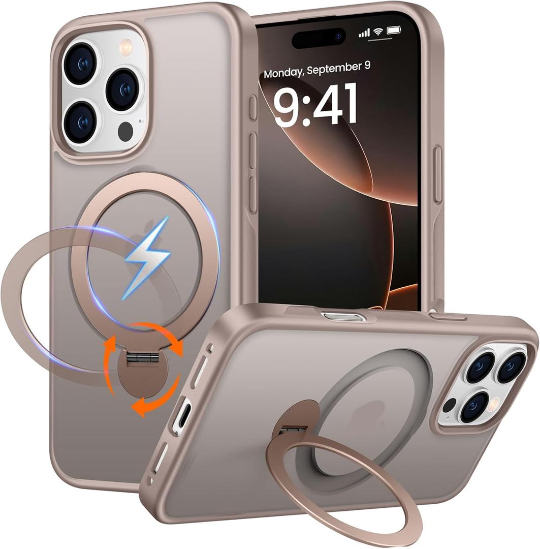 360 Rotatable Magnetic Stand for iPhone 16 pro max Case Compatible with Magnetic 16FT Military Drop Protection, Anti-Scratch/Fingerprint Shockproof iPhone 16 pro max Phone Case(Matte- Gold)