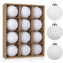 Velvet Christmas Ball Ornaments Set - 12 Pcs 3.1" Large Hanging Balls White with 3 Textures | Smooth Diamond Pleated | Shatterproof Luxury Decor for Christmas Tree Holiday Home Party Decorations