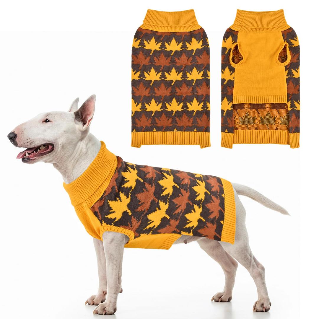 LyssKMK Thanksgiving Day Dog Sweater Yellow Brown Maple Pattern Pet Knitwear Clothes Fall Themed Costume Cold Weather Outfits for Small Middle Large Dogs XL