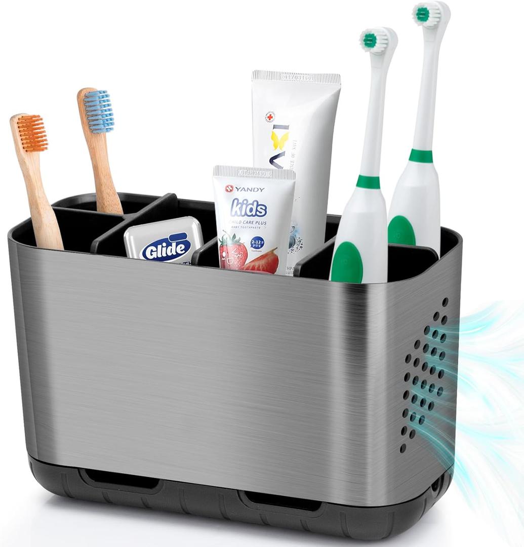 Boperzi Toothbrush and Toothpaste Holder Brushed Nickel Drainage for Bathroom Vanity, Large Electric Toothbrush Storage Caddy Anti-Slip Rustic with Adjustable Dividers for Family, Kids