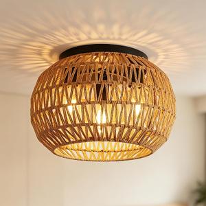 16" Boho Rattan Flush Mount Ceiling Light Fixture, Large Rustic Chandelier