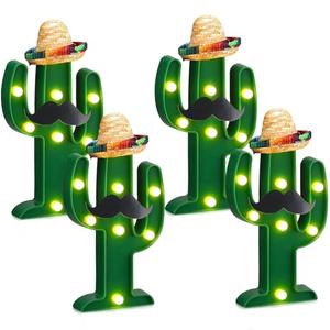 Kittmip 8 Pcs Fiesta Mexican Party Decoration LED Cactus Light with Mini Sombrero Straw Hats and Fake Beard Cinco De Mayo Table Decor Mexican Party Supplies for Fiesta Table Room Bedroom Decoration