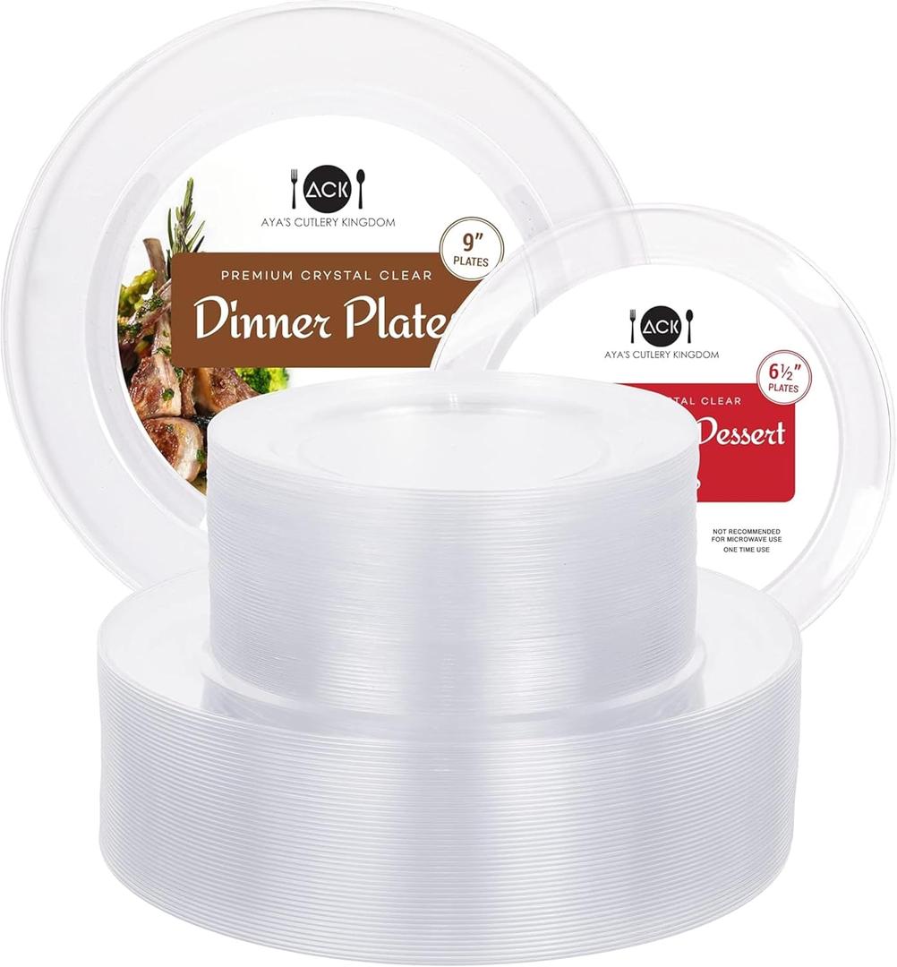 Aya's Cutlery Kingdom 100 Clear Plastic Plates for Party, Heavy Duty Disposable Set of 50 Dinner and 50 Dessert Plates, Elegant Fancy Design for Weddings, Parties, and Special Events