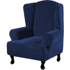 H.VERSAILTEX Wingback Chair Covers Velvet Plush Wing Chair Slipcover 1 Piece High Stretch Wing Back Chair Slipcovers Sofa Cover Furniture Cover with Elastic Bottom, Navy