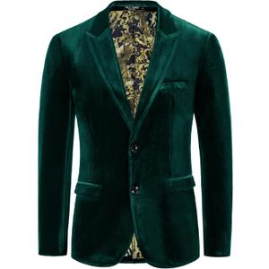 PJ PAUL JONES Mens Velvet Blazer Slim fit Two Button Sport Coat Solid Suit Jacket Dinner Prom Wedding Green L