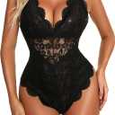 Namifin Sexy Lingerie for Women Lace Teddy Lingerie Snap Crotch Bodysuit (Black, L)
